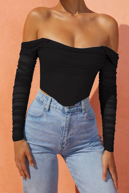 Women's clothing autumn and winter mesh yarn fish bone perspective one-word collar exposed navel short long-sleeved top women