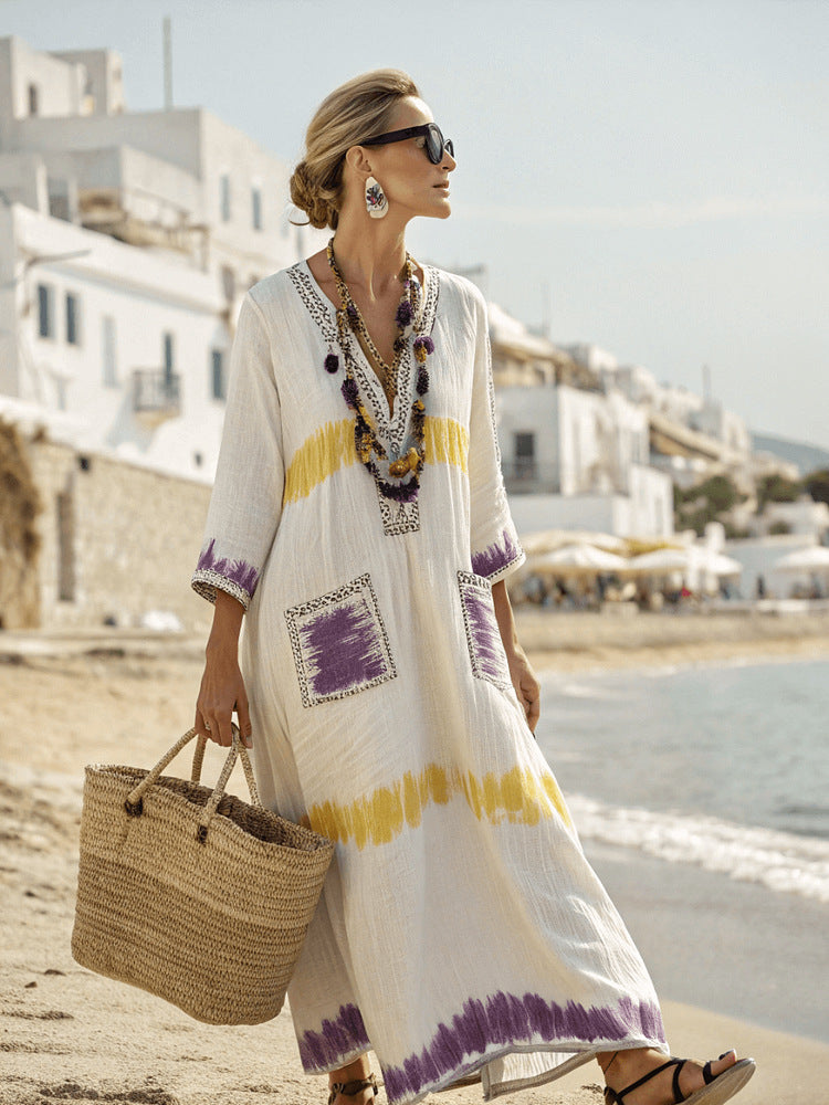 Women's Boho Linen Maxi Dress Oversized Kaftan Beach Cover Up Vacation Resort Dress - Seldom Seen Styles