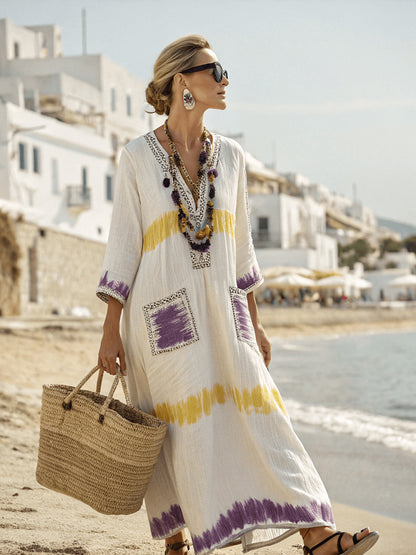 Women's Boho Linen Maxi Dress Oversized Kaftan Beach Cover Up Vacation Resort Dress