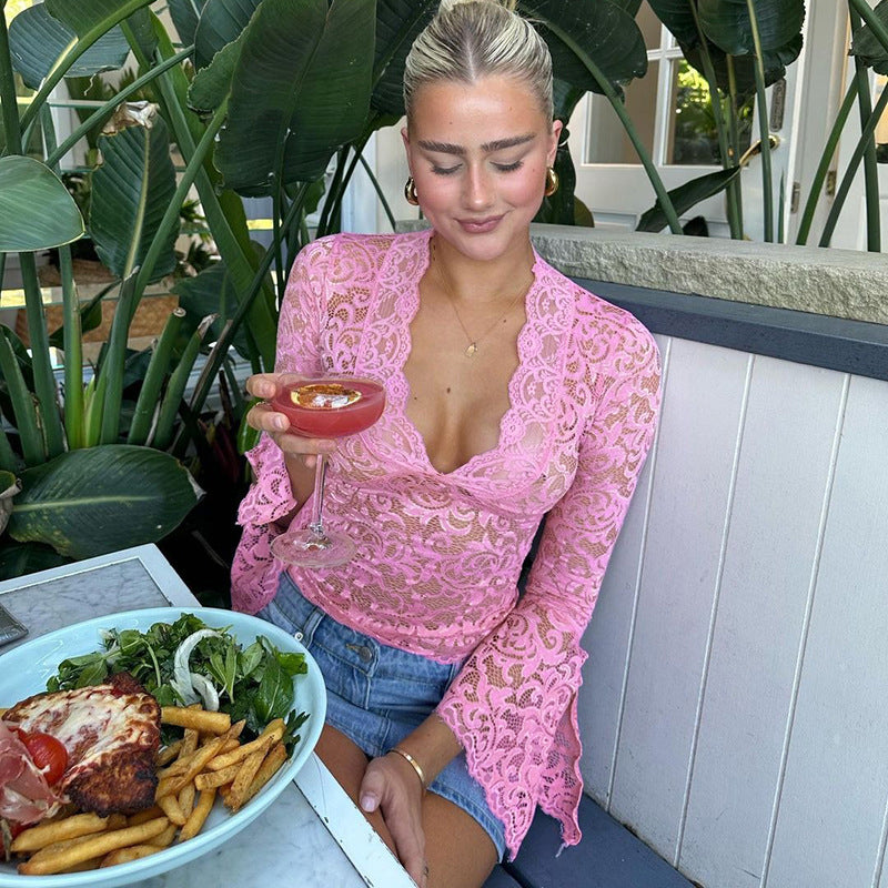 Ins Style Sexy Deep V Slim Fit Versatile Short Outcrop Lace Long Sleeve Spice Girl Wind Lace Top - Seldom Seen Styles