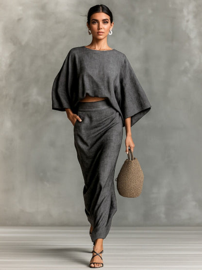 Women's Linen Blend Batwing Sleeve Top and Maxi Skirt Set Elegant Two Piece Matching Outfit
