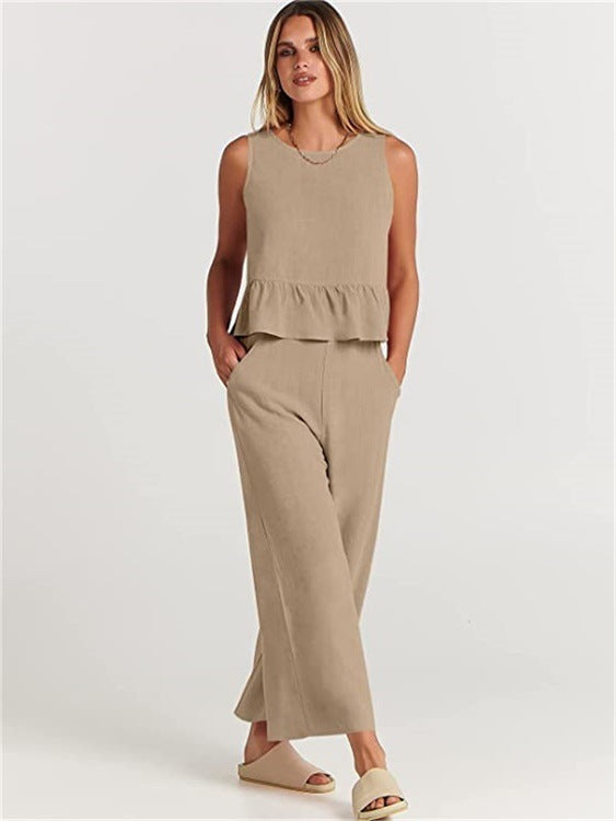 Women's Sleeveless Two Piece Pants Set Casual Ruffle Hem Top and Wide Leg Cropped Pants Matching Summer Outfit - Seldom Seen Styles