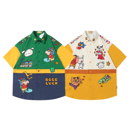 Japanese Cartoon Leather Patchwork Embroidered Short Sleeve Shirt Unisex Trendy Streetwear Couple Casual Tee | Patch Toon