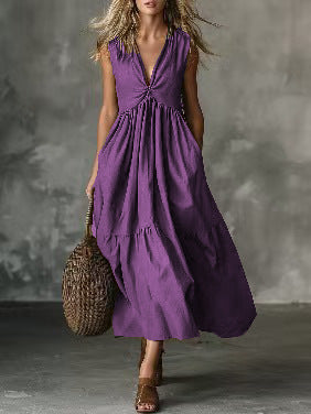 Women's Solid Color Sleeveless V-Neck Dress Elegant Casual Summer Vacation Midi Dress