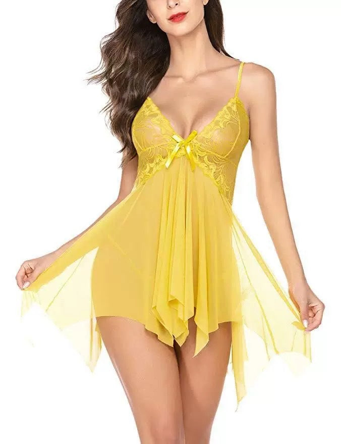 Women's Sheer Lace Babydoll Lingerie Set Deep V Neck Mesh Chemise Nightgown Sexy Sleepwear with Matching Thong - Seldom Seen Styles