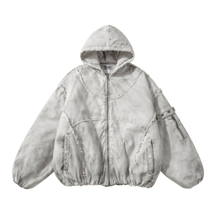 Distressed Raw Edge Washed Padded Cotton Jacket