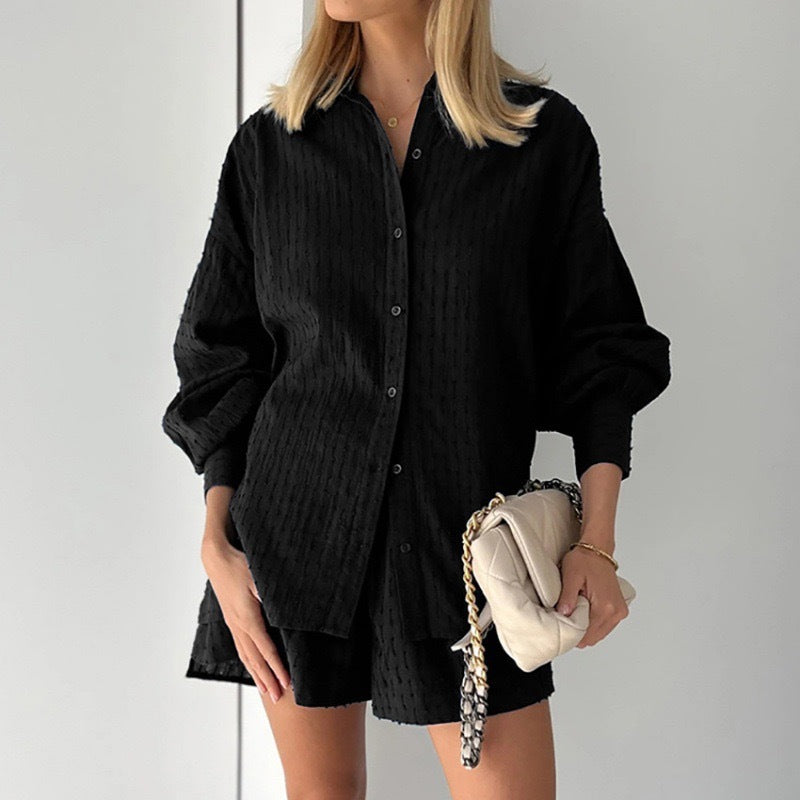 Women's Jacquard Bubble Sleeve Shirt Shorts Two-Piece Set Casual Commuter Chic Summer Outfit - Seldom Seen Styles