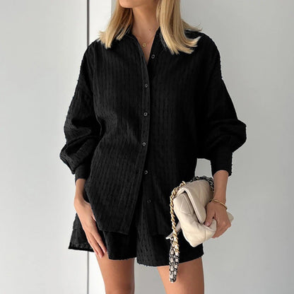 Women's Jacquard Bubble Sleeve Shirt Shorts Two-Piece Set Casual Commuter Chic Summer Outfit