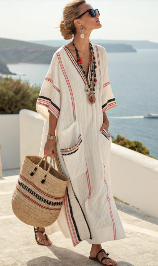 Women's Boho Linen Maxi Dress Oversized Kaftan Beach Cover Up Vacation Resort Dress