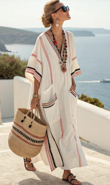 Women's Boho Linen Maxi Dress Oversized Kaftan Beach Cover Up Vacation Resort Dress