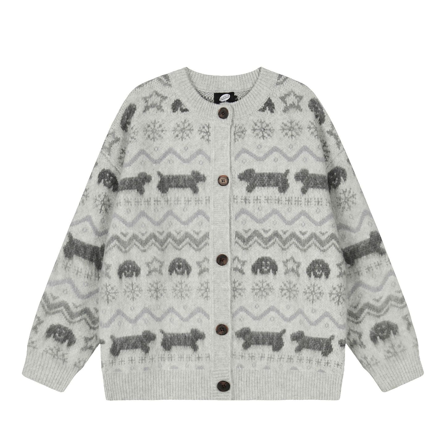Women's Retro Puppy Jacquard Cardigan Sweater Loose Oversized Knitted Jacket Lazy Style Autumn Winter Unisex | Puppy Knit Cardi
