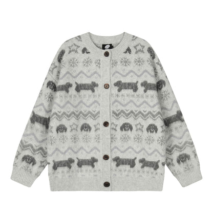 Women's Retro Puppy Jacquard Cardigan Sweater Loose Oversized Knitted Jacket Lazy Style Autumn Winter Unisex | Puppy Knit Cardi