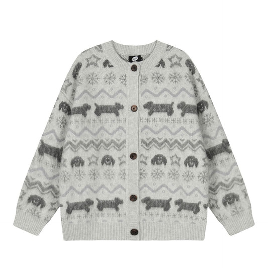 Women's Retro Puppy Jacquard Cardigan Sweater Loose Oversized Knitted Jacket Lazy Style Autumn Winter Unisex | Puppy Knit Cardi
