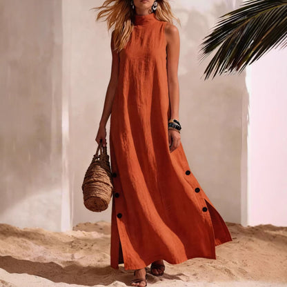 Women's Linen Maxi Dress Sleeveless Side Slit Beach Vacation Dress