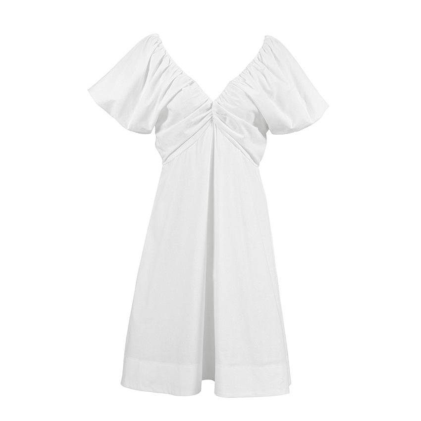 Women's White Puff Sleeve Mini Dress V Neck Casual Flowy Summer Sundress - Seldom Seen Styles