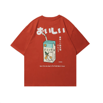 Crew Neck Short Sleeve Japanese Retro Bunny Citrus Graphic Print T-Shirt Loose Oversized Casual Minimalist Summer Top | Yuzu Bunny