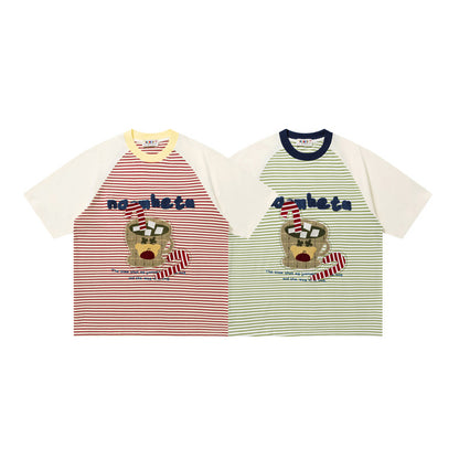 Bear Graphic Raglan Stripe T-Shirt Short Sleeve Oversized Casual Summer Streetwear Tee | Stripe Bear Tee