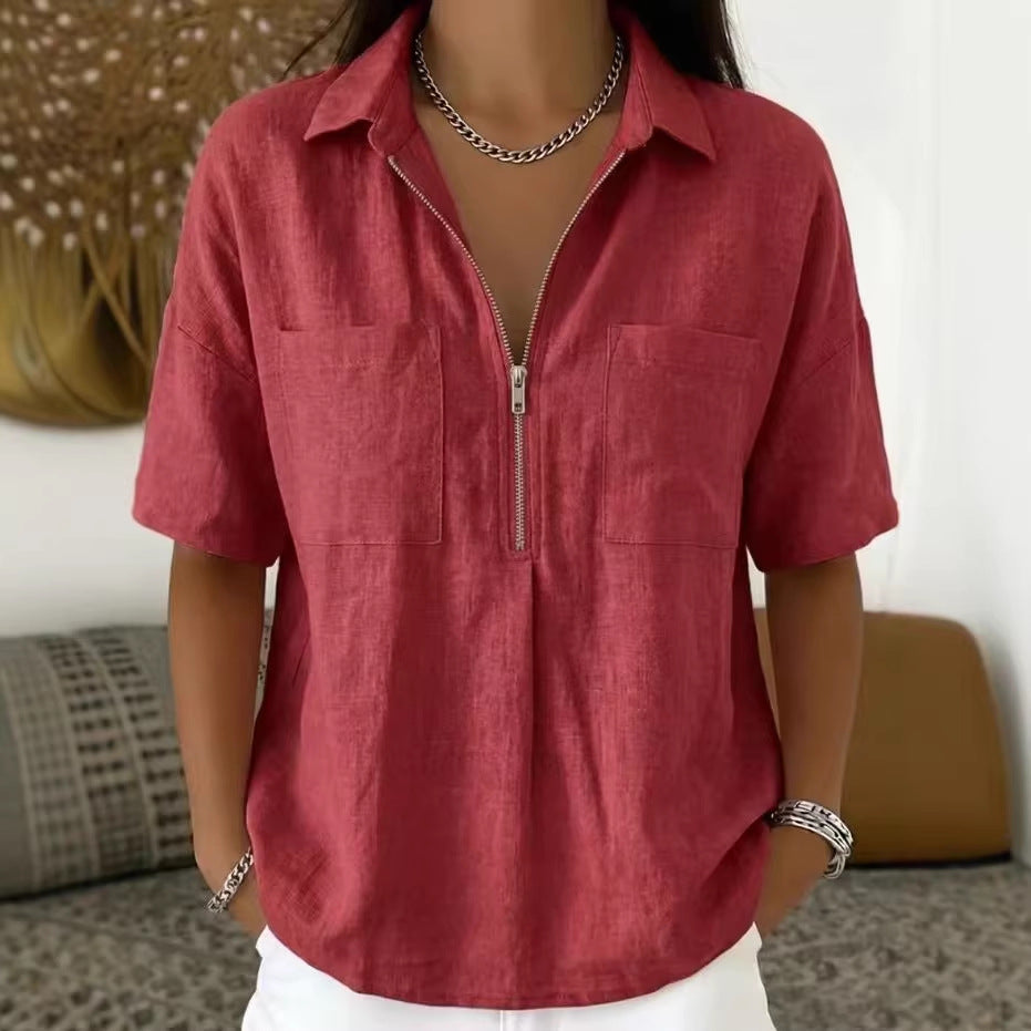 Women's Loose Lapel Short Sleeve Shirt V-Neck Zipper Casual Top Summer Vacation Outfit - Seldom Seen Styles