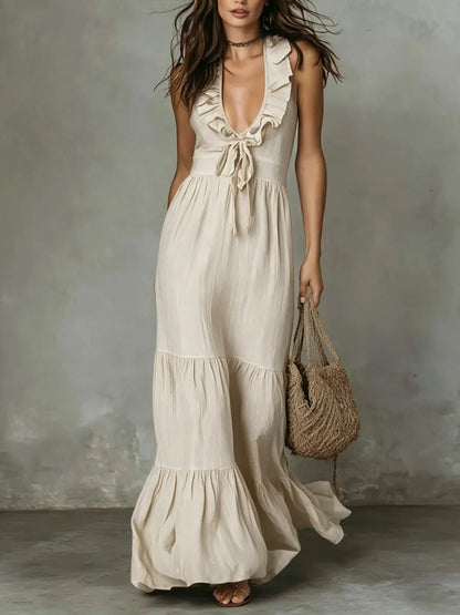 Women's Deep V Neck Ruffle Sleeveless Maxi Dress Loose Fit Casual Summer Beach Dress