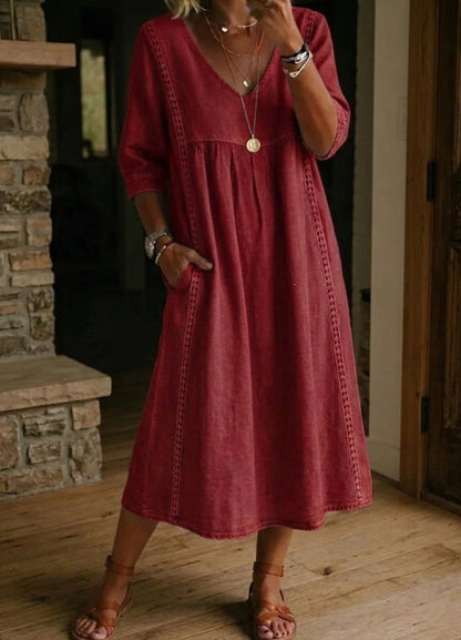 Women's V-Neck Lace Trim Linen Cotton Dress Loose Casual Summer Beach Vacation Dress