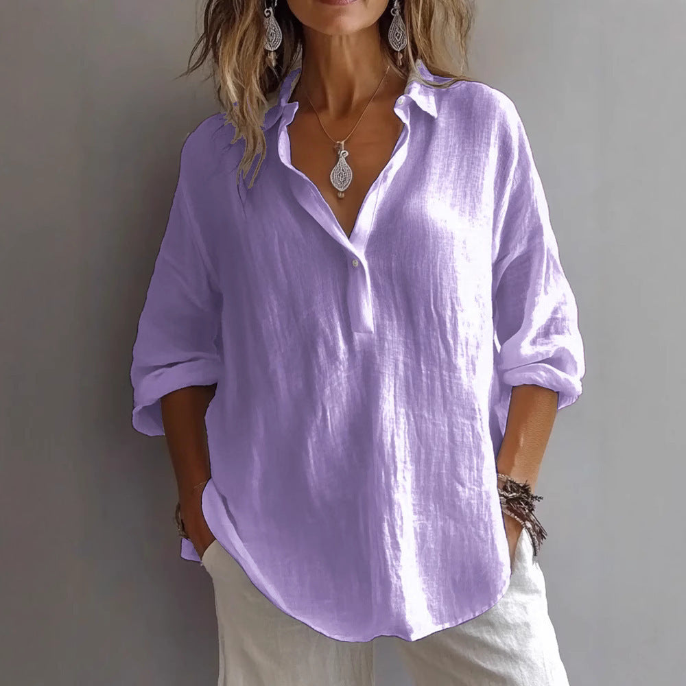 Women's Linen Blend V Neck Shirt Casual Loose Long Sleeve Blouse Lightweight Button Front Tunic Top