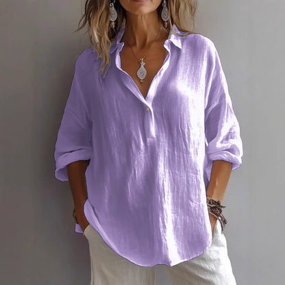 Women's Linen Blend V Neck Shirt Casual Loose Long Sleeve Blouse Lightweight Button Front Tunic Top