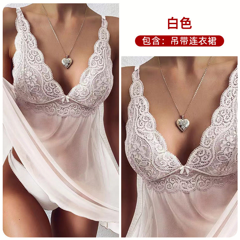 Women's Sheer Mesh Babydoll Lingerie Set Floral Lace V Neck Chemise Nightgown Sexy Sleepwear with Matching Panties - Seldom Seen Styles