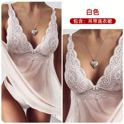 Women's Sheer Mesh Babydoll Lingerie Set Floral Lace V Neck Chemise Nightgown Sexy Sleepwear with Matching Panties
