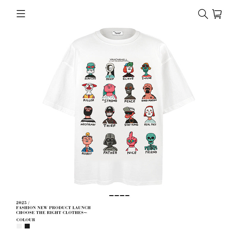 VANCARHELL 16-Grid Cartoon Avatars Graphic Tee