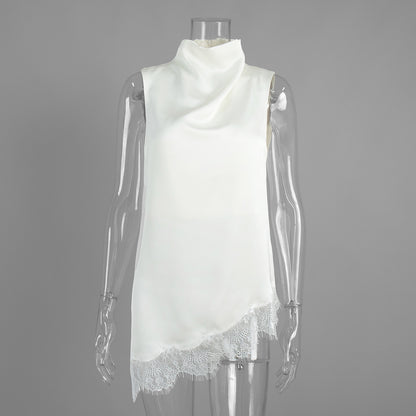 Spitzen-Rollkragen-Weste Sommer neue unregelmäßige Weste Satin ärmelloses Oberteil Damen
