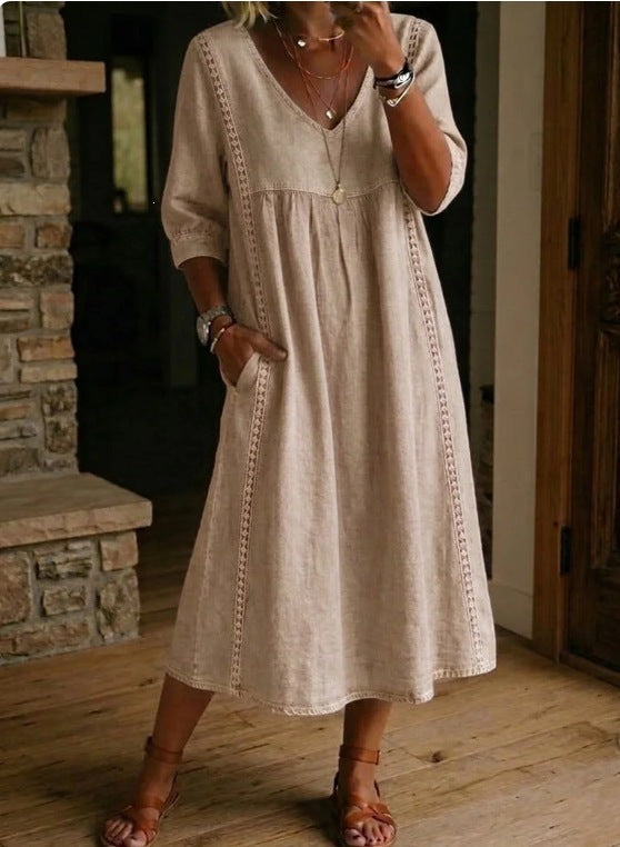 Women's V-Neck Lace Trim Linen Cotton Dress Loose Casual Summer Beach Vacation Dress - Seldom Seen Styles
