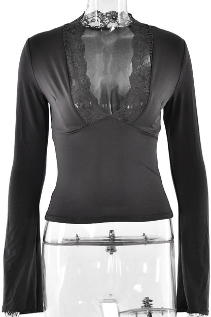 Lace Trimmed Deep V Flared Long Sleeved TopWomen's Lace Trim Deep V Neck Top Long Sleeve Slim Fit Flare Sleeve Blouse