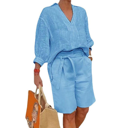 Women's Linen Two Piece Set V Neck Blouse and High Waist Shorts Casual Summer Matching Outfit