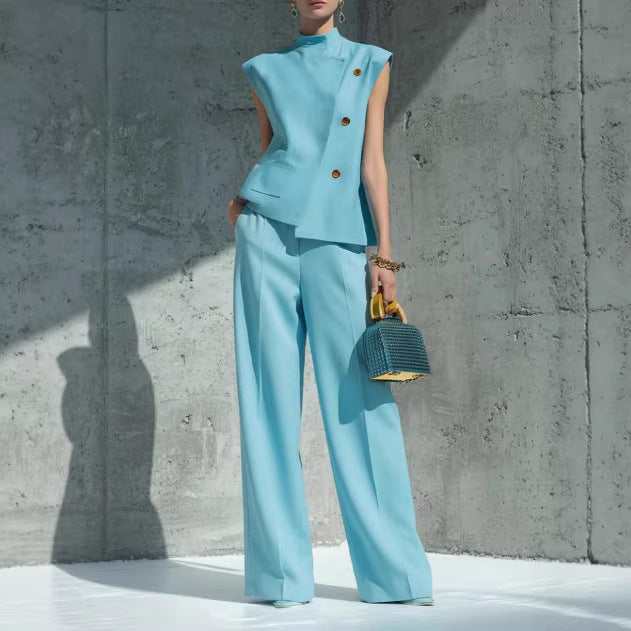 Women's Sleeveless Two Piece Pants Set Stand Collar Button Front Top and Wide Leg Trousers Elegant Casual Business Vacation Outfit - Seldom Seen Styles
