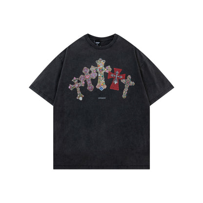 Women's American Color Cross Print Loose Short Sleeve T-Shirt High Street Casual Versatile Unisex Top | Cross Print Tee