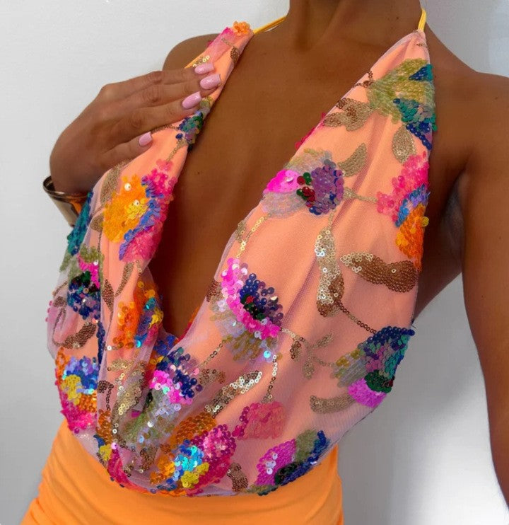 New sexy V backless casual sequins floral temperament neck fashion sling vest - Seldom Seen Styles