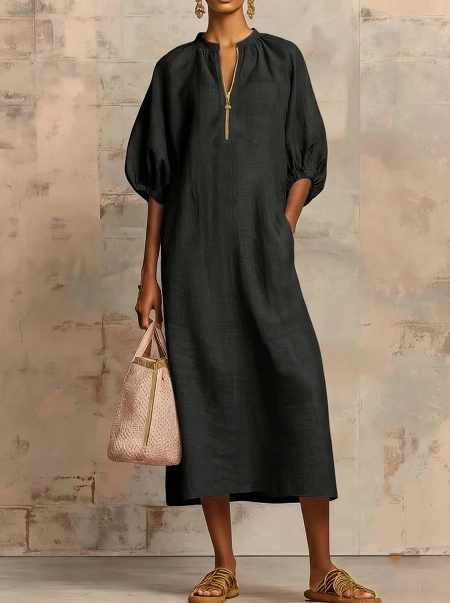 Women's Cotton Linen Midi Dress Puff Sleeve Loose Fit Casual Summer Dress V Neck Boho Maxi Dress with Pockets - Seldom Seen Styles