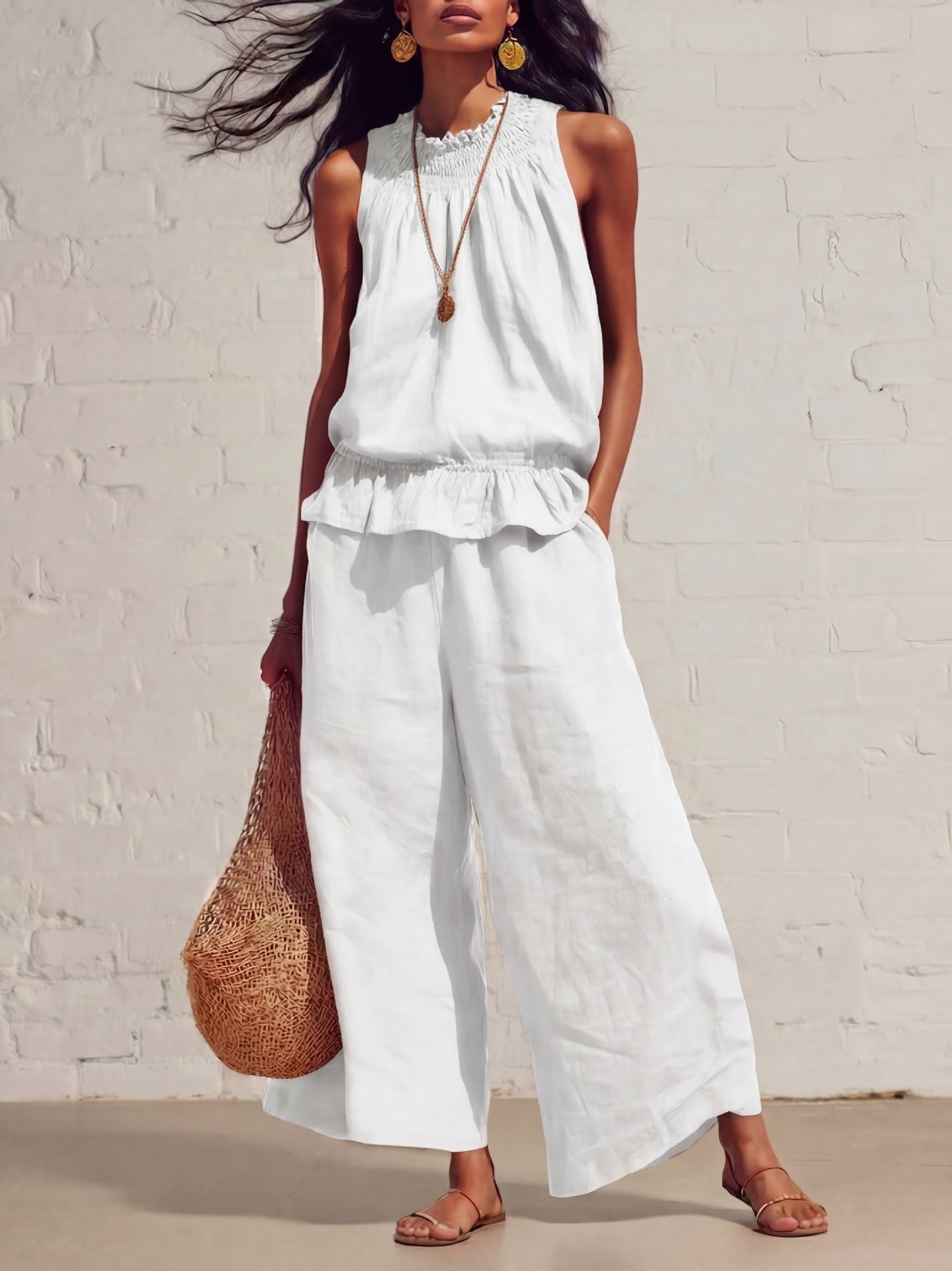 Women's Sleeveless Ruffle Wide Leg Pants Two Piece Set Cotton Linen Casual Summer Beach Outfit - Seldom Seen Styles