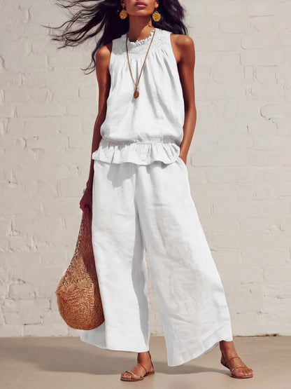 Women's Sleeveless Ruffle Wide Leg Pants Two Piece Set Cotton Linen Casual Summer Beach Outfit