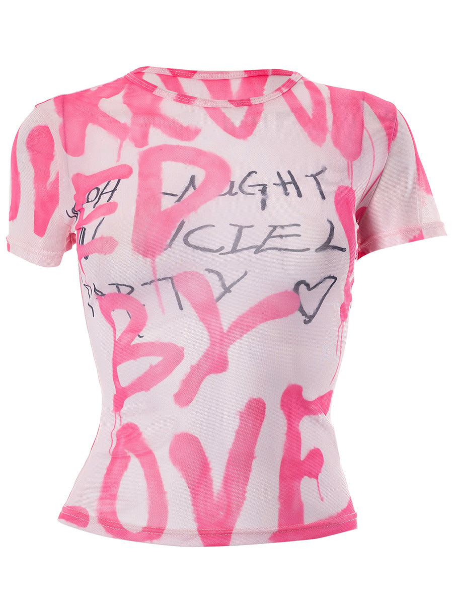 Round Neck Pullover Pink Letters Printed Mesh Transparent Top - Seldom Seen Styles