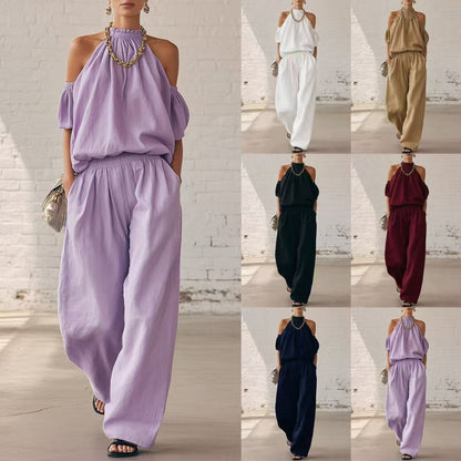 Women's Off Shoulder Top High Waist Wide Leg Pants Casual Two Piece Set Summer Vacation Outfit