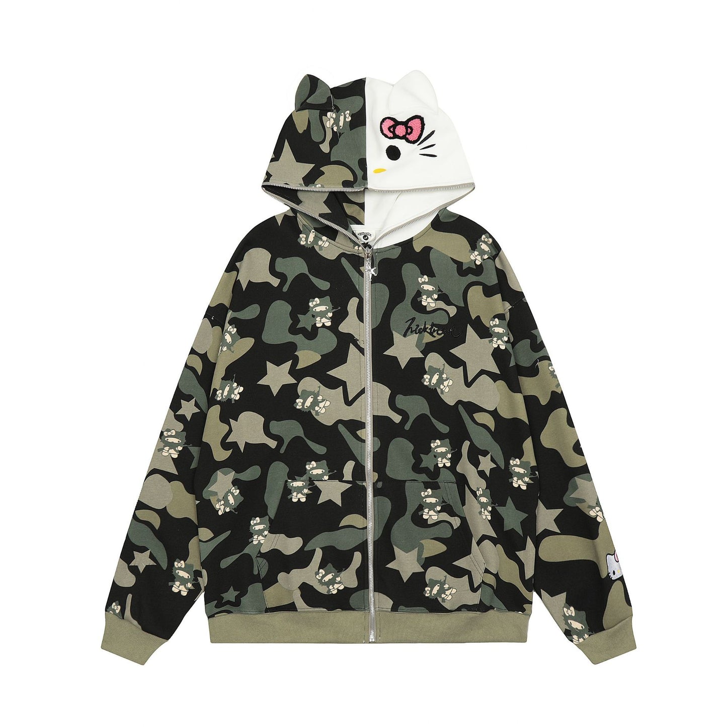 Women's American Original Hello Kitty Ear Camo Print Hooded Zip Cardigan Sweater Jacket Cute Casual | Kitty Camo Hood