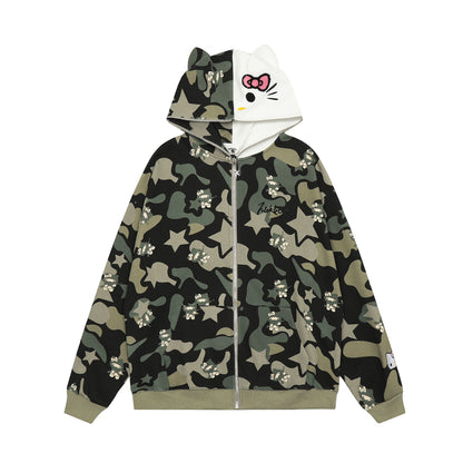 Women's American Original Hello Kitty Ear Camo Print Hooded Zip Cardigan Sweater Jacket Cute Casual | Kitty Camo Hood