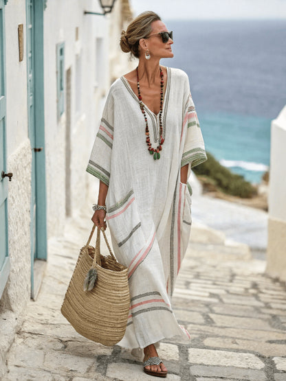 Women's Boho Linen Maxi Dress Oversized Kaftan Beach Cover Up Vacation Resort Dress