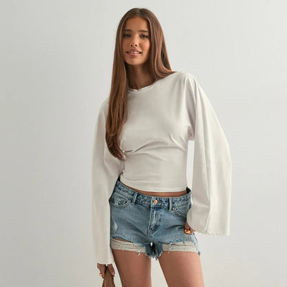 Women's Ruched Long Sleeve Top with Wide Sleeves Crew Neck Fitted Casual Blouse