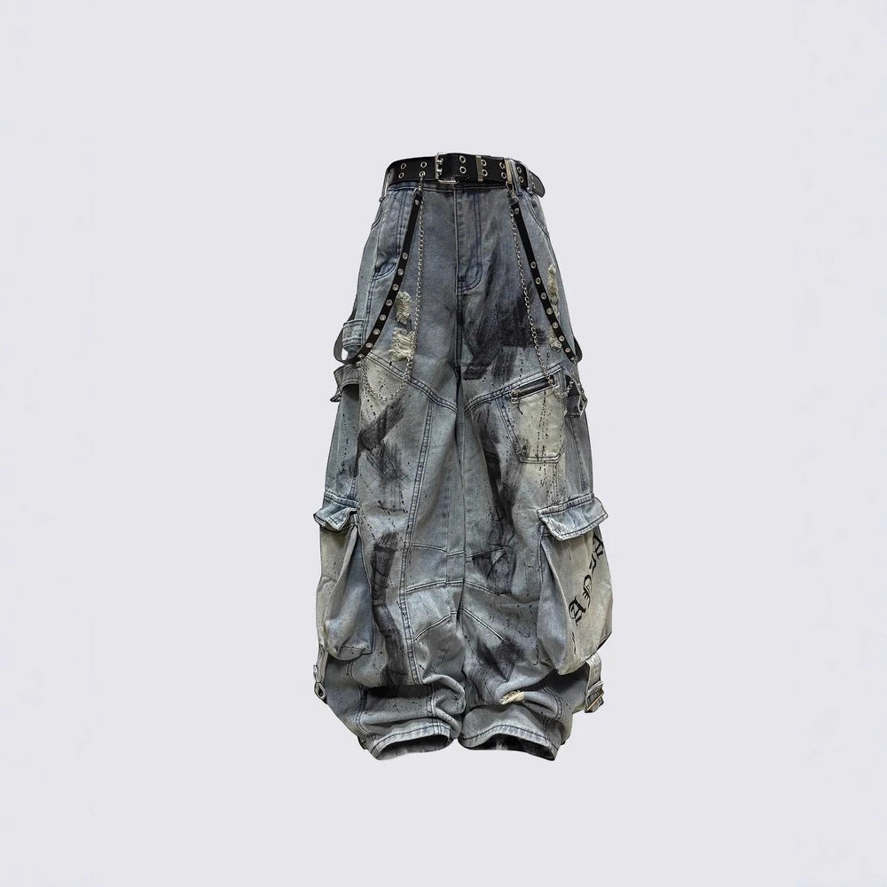KIIKIO Streetwear Cargo Denim Pants with Belt and Chain Details