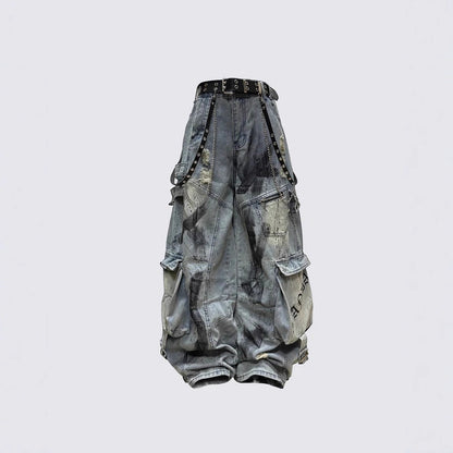 KIIKIO Streetwear Cargo Denim Pants with Belt and Chain Details