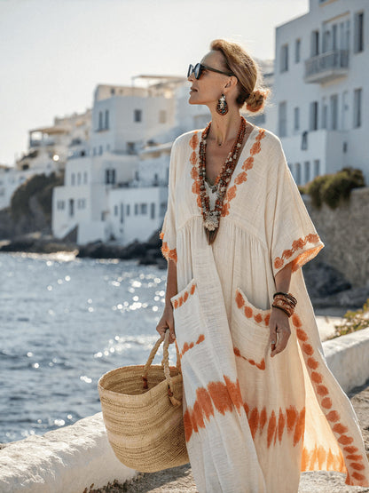 Women's Boho Linen Maxi Dress Oversized Kaftan Beach Cover Up Vacation Resort Dress