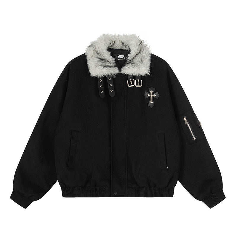 Faux Fur Collar Suede-Texture Buckle Bomber Jacket