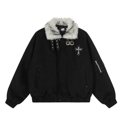 Faux Fur Collar Suede-Texture Buckle Bomber Jacket
